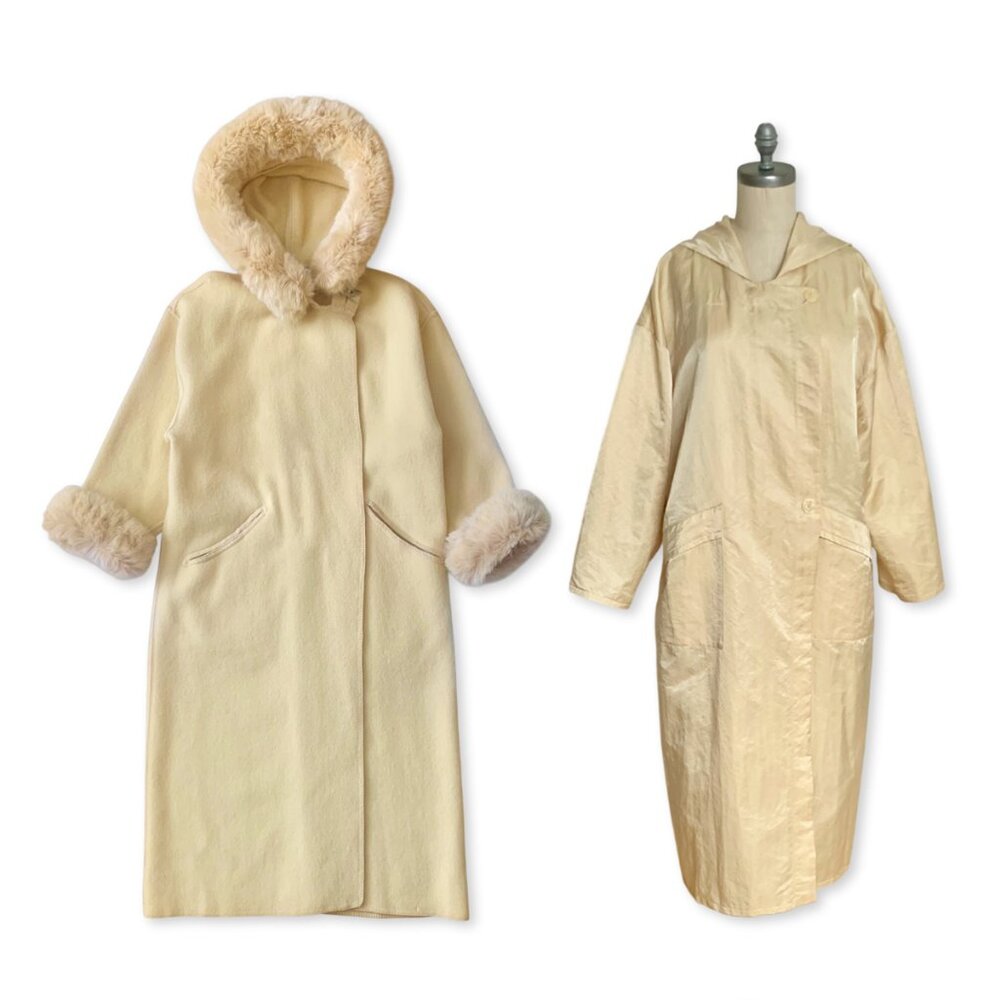 Vintage Linda Lundstrom La Parka Wool 3 in 1 Coat Hood Butter Yellow Faux Fur S